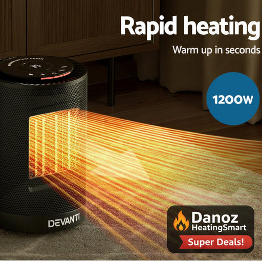 Black portable heater emitting heat rays with 'Devanti' branding, labeled 'Rapid heating' and '1200W'.