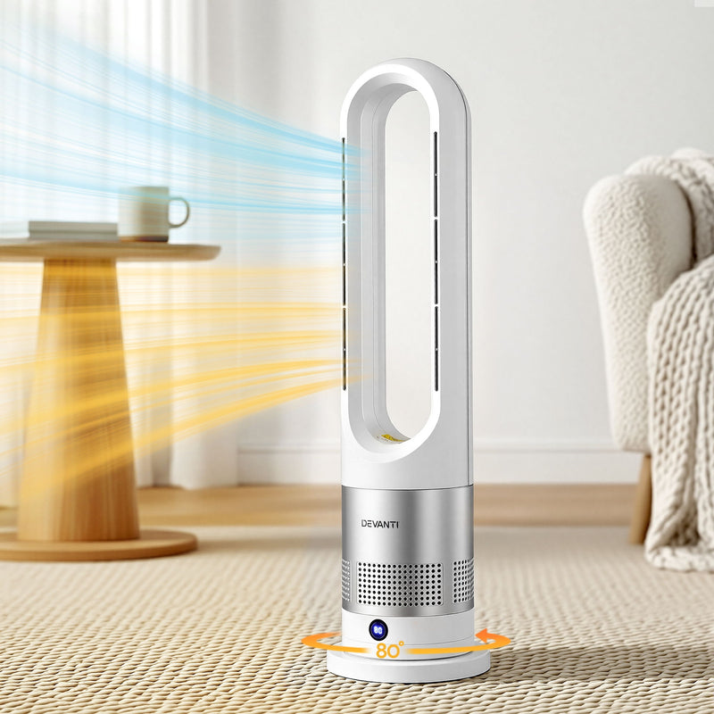 Danoz HeatingSmart - Devanti Bladeless Tower Fan Heater and Cooler 2in1 Portable Oscillation Fan for Bedroom Room Office Use White