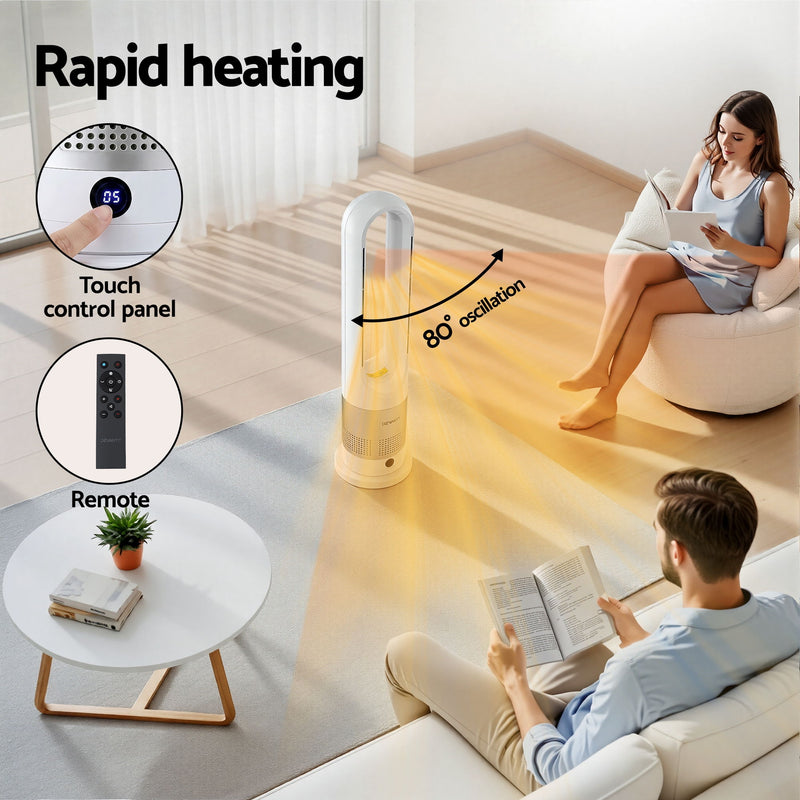 Danoz HeatingSmart - Devanti Bladeless Tower Fan Heater and Cooler 2in1 Portable Oscillation Fan for Bedroom Room Office Use White