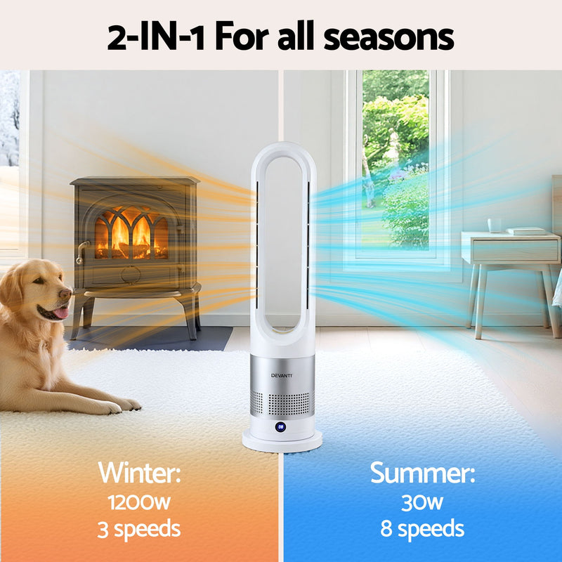 Danoz HeatingSmart - Devanti Bladeless Tower Fan Heater and Cooler 2in1 Portable Oscillation Fan for Bedroom Room Office Use White