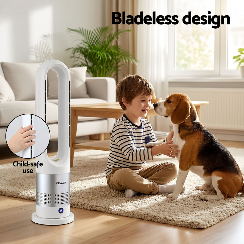 Danoz HeatingSmart - Devanti Bladeless Tower Fan Heater and Cooler 2in1 Portable Oscillation Fan for Bedroom Room Office Use White
