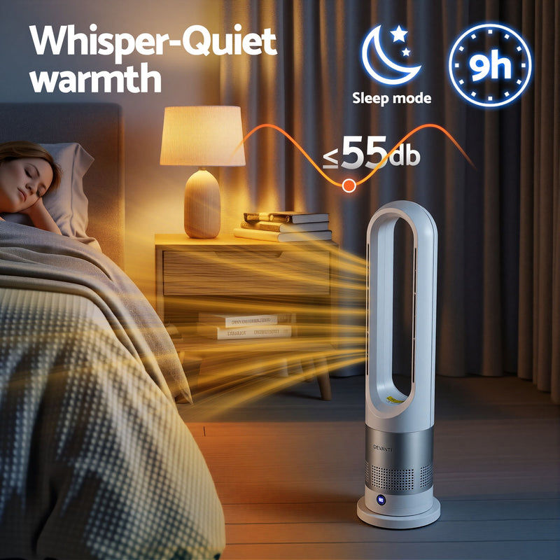 Danoz HeatingSmart - Devanti Bladeless Tower Fan Heater and Cooler 2in1 Portable Oscillation Fan for Bedroom Room Office Use White