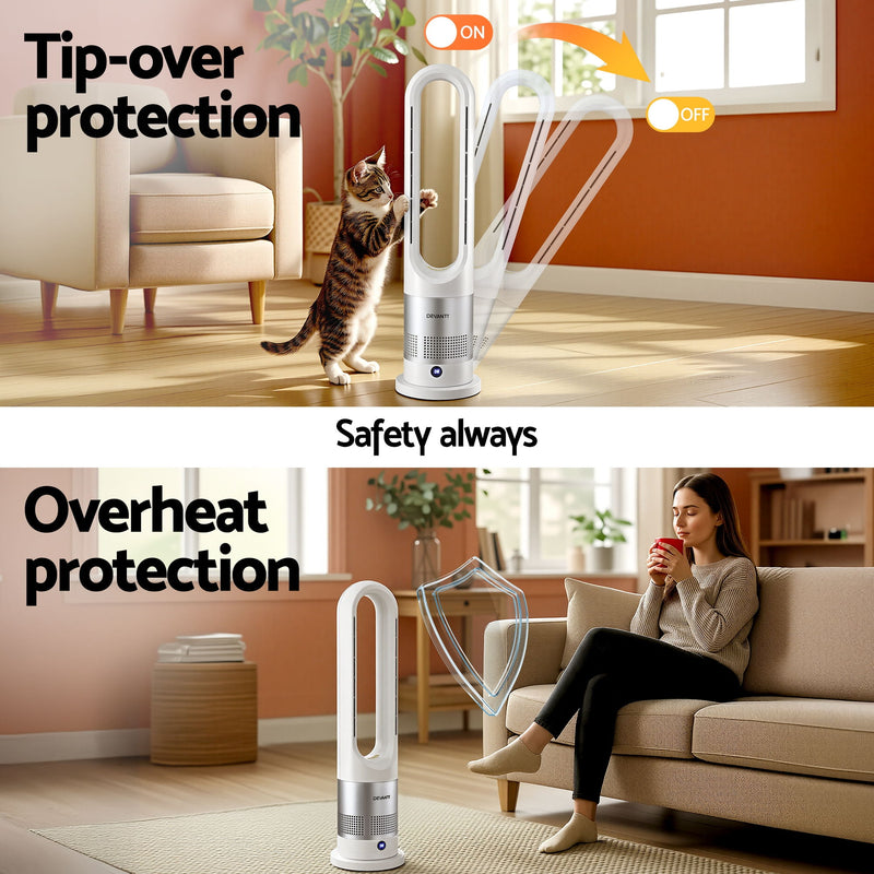 Danoz HeatingSmart - Devanti Bladeless Tower Fan Heater and Cooler 2in1 Portable Oscillation Fan for Bedroom Room Office Use White