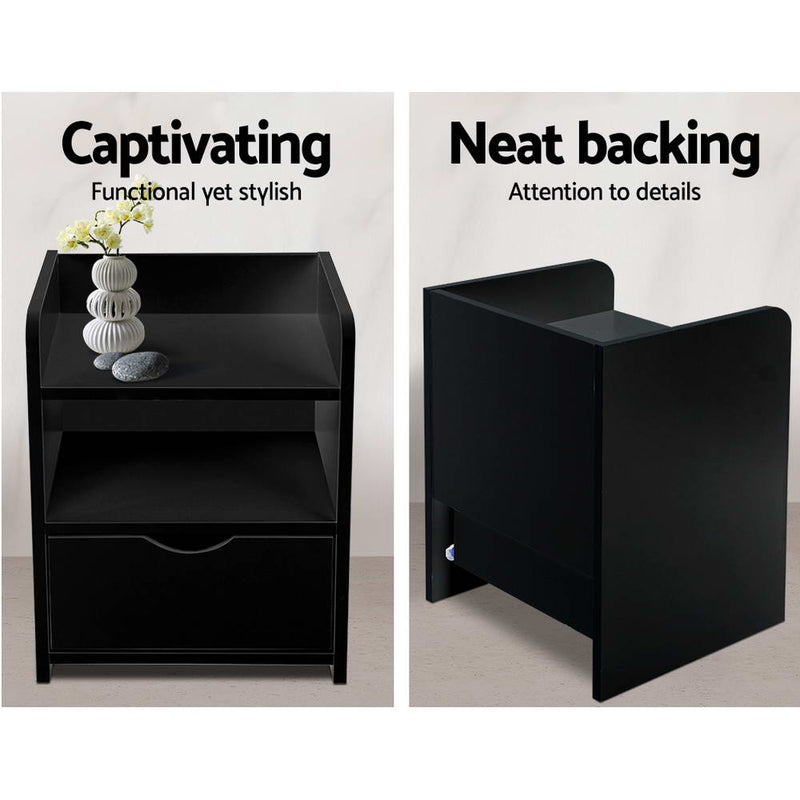 Danoz Bedrooms 🛏️ Artiss Bedside Table 1 Drawer with Shelf - FARA Black - Incl. Postage