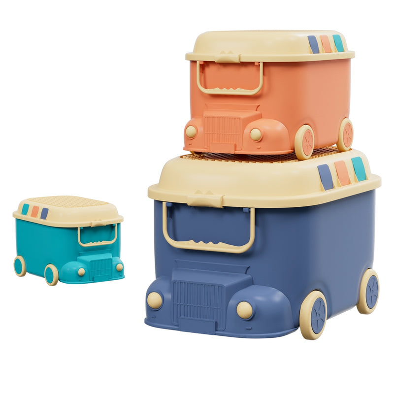 Danoz Kids - Keezi 3PCS Toy Storage Box Cute Car Toy Container Kids Toys Organiser Snack Boxes