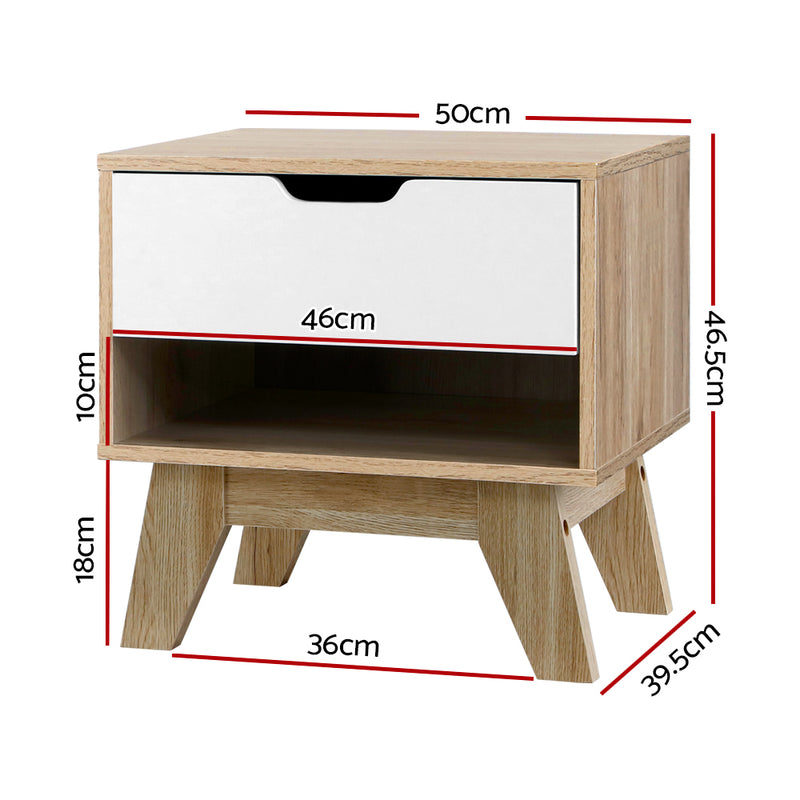 Danoz Bedrooms 🛏️ Artiss Bedside Table 1 Drawer with Shelf - IKER White & Oak - Incl. Postage