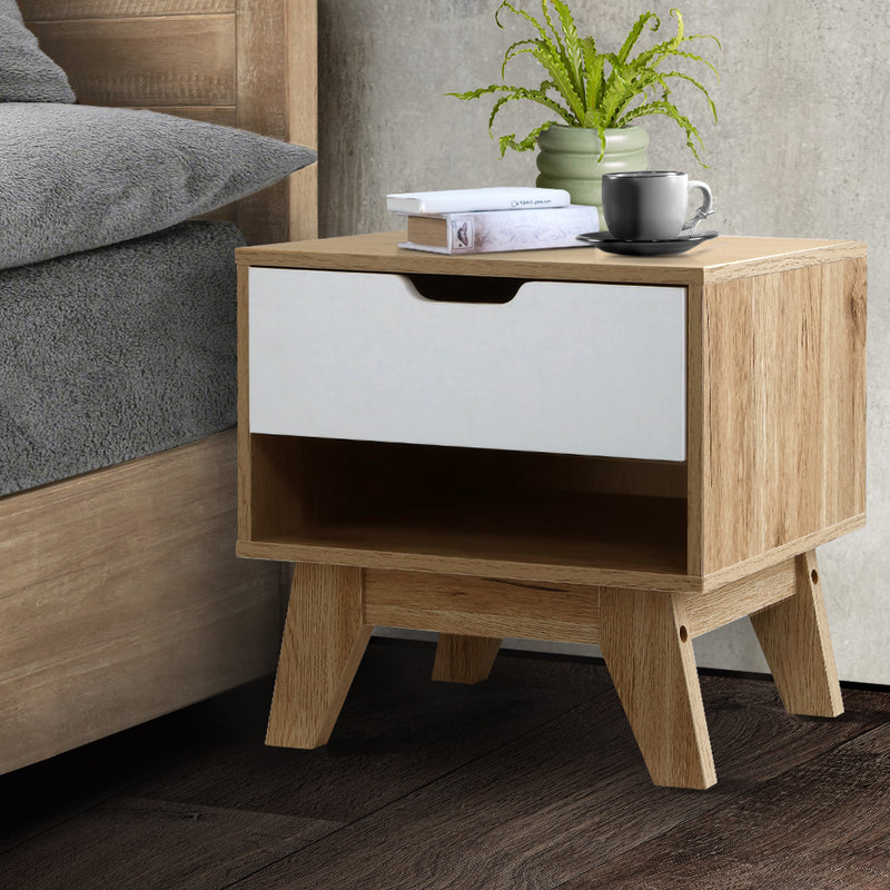 Danoz Bedrooms 🛏️ Artiss Bedside Table 1 Drawer with Shelf - IKER White & Oak - Incl. Postage