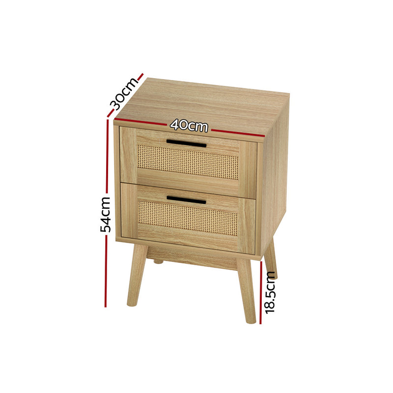 Danoz Bedrooms - Artiss Rattan Bedside Table 2 Drawers Wood - RIE Oak