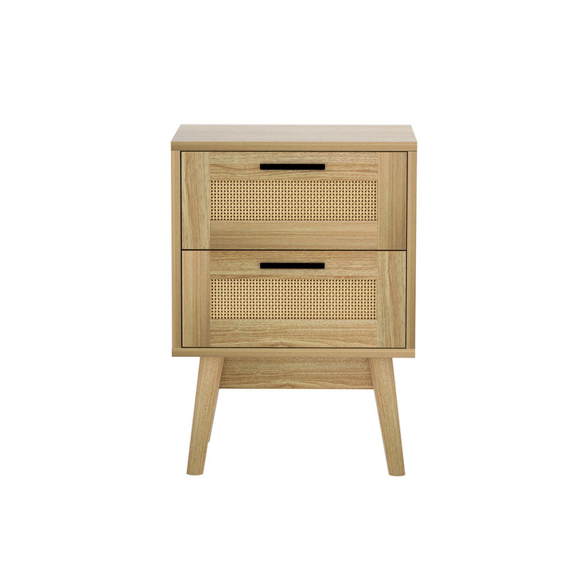 Danoz Bedrooms - Artiss Rattan Bedside Table 2 Drawers Wood - RIE Oak