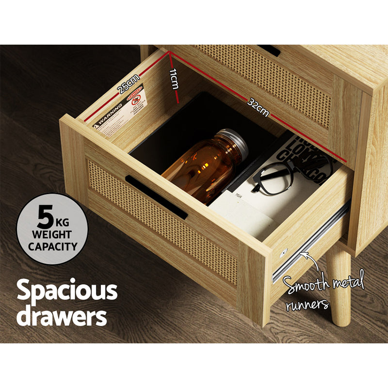 Danoz Bedrooms - Artiss Rattan Bedside Table 2 Drawers Wood - RIE Oak