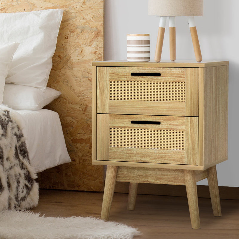 Danoz Bedrooms - Artiss Rattan Bedside Table 2 Drawers Wood - RIE Oak