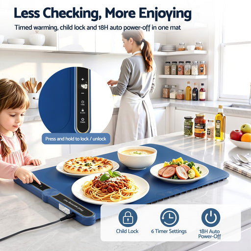 A blue electric heating mat shown on a kitchen counter with food dishes on top, plus a woman and child in a real kitchen background. The image includes marketing text and feature callouts for timed warning, child lock, and 18-hour auto power-off.