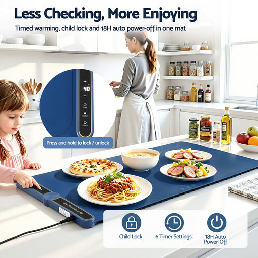 A blue rectangular safety mat with a digital control panel is shown in a kitchen setting, with a child touching the panel and a woman cooking in the background. The mat has printed text highlighting features like timed warming, child lock, and 18-hour auto power-off.