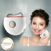 An electric guasha massager device with a woman using it on her face, indicating skin firming and lifting features.