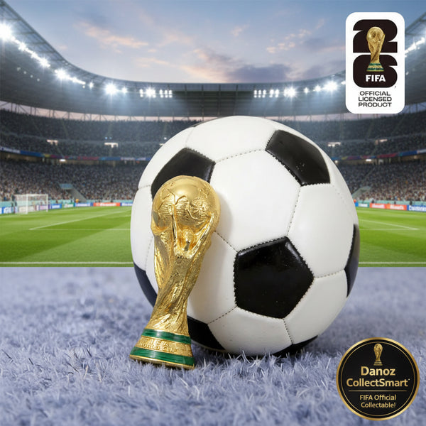 FIFA World Cup trophy and soccer ball on a textured surface