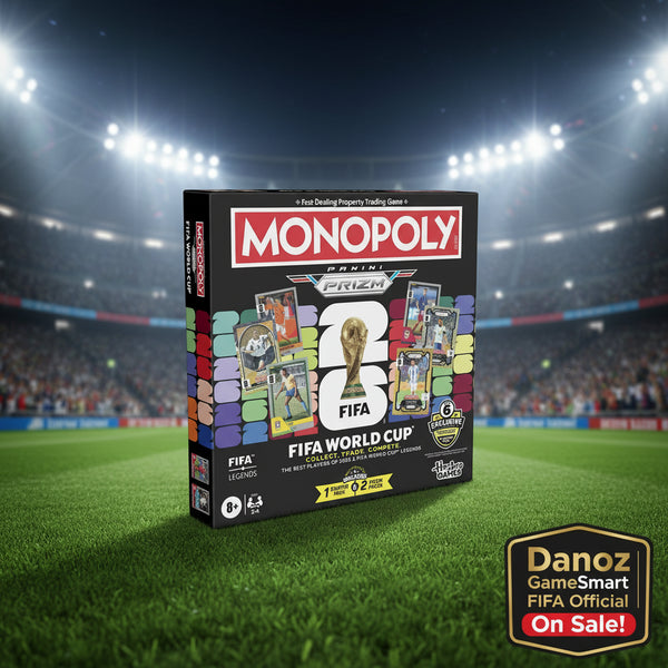 Monopoly FIFA World Cup trading card game packaging with images of cards and trophy.