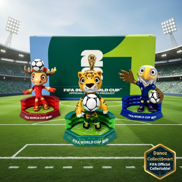 Three FIFA 2026 World Cup figurines in front of a branded box with logos.