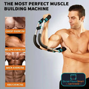 Man using a muscle building machine with text indicating various exercises on a gray background