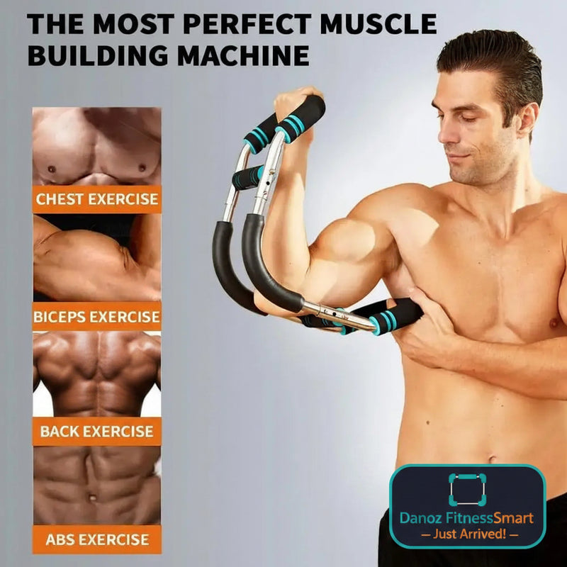 Man using a muscle building machine with text indicating various exercises on a gray background