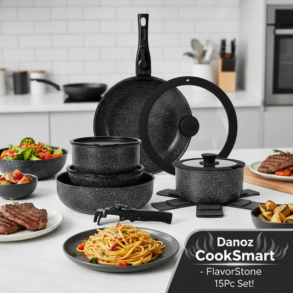 Set of black speckled cookware including pots, pans, and lids on a white background