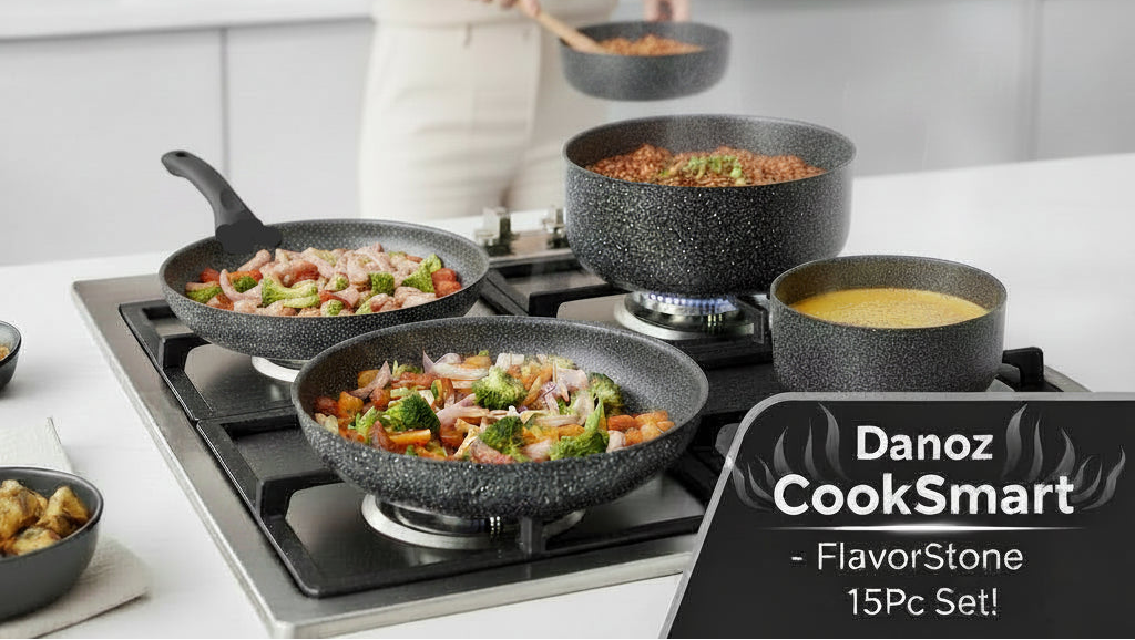 Set of black speckled cookware including pots, pans, and lids on a white background