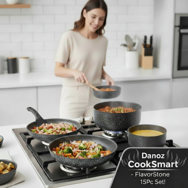 🍳 Danoz CookSmart | FlavorStone 15-Piece Non-Stick Cookware Set | Detachable Handles | Tempered Glass Lids | CE Certified | 5-Year Warranty | Black