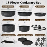 15-piece cookware set with dimensions and features on a light gray background