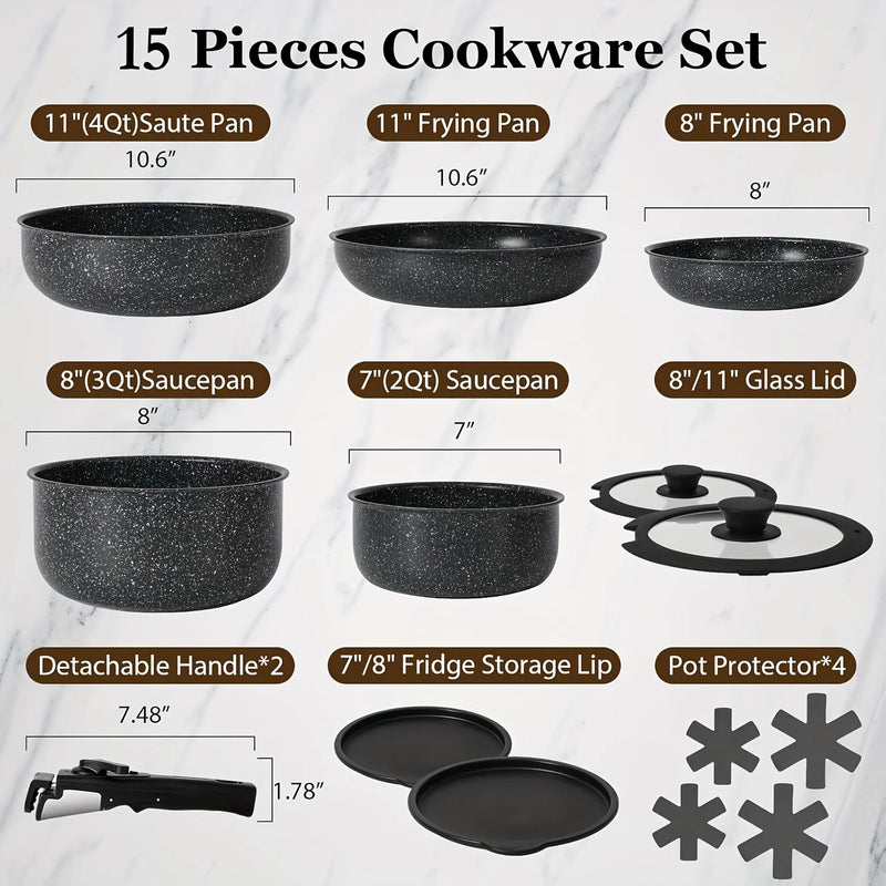 15-piece cookware set with dimensions and features on a light gray background