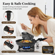 Woman cooking on a stove with a safe and easy-to-use kitchen tool, featuring text and diagrams on safety features.