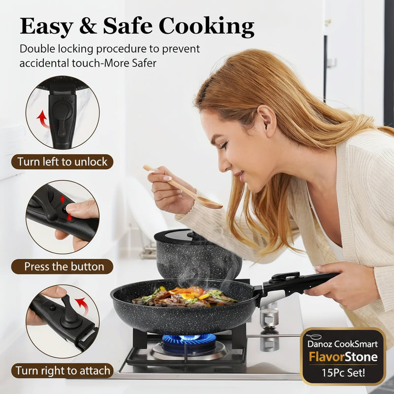 Woman cooking on a stove with a safe and easy-to-use kitchen tool, featuring text and diagrams on safety features.