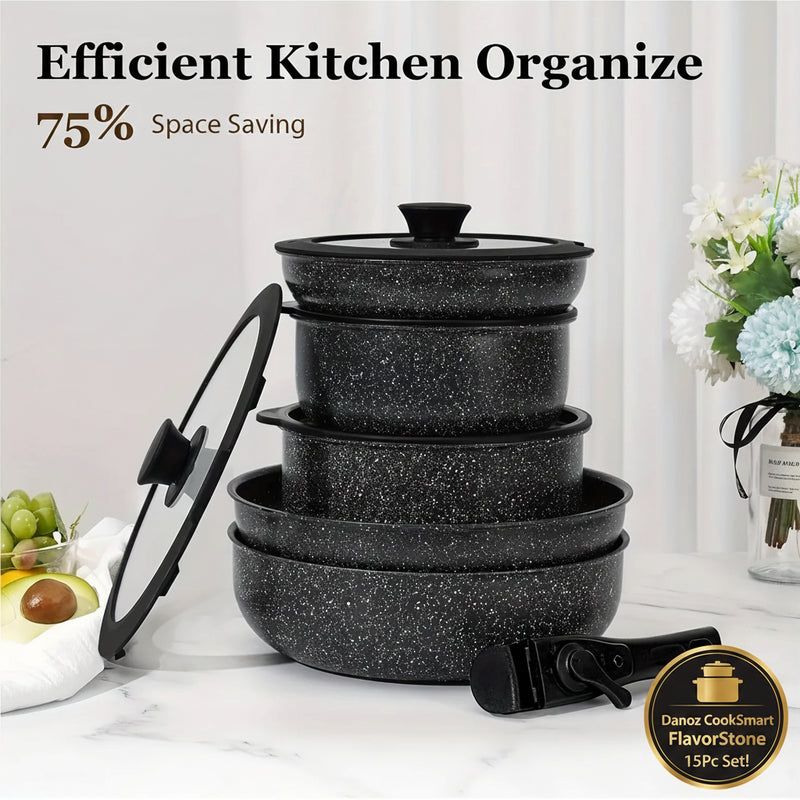 Set of black cookware with speckled pattern on a white surface, with text 'Efficient Kitchen Organize 75% Space Saving'.