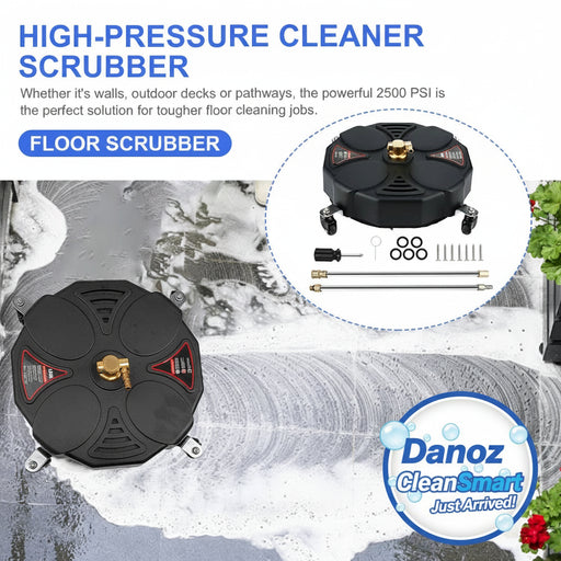 High-pressure cleaner scrubber with cleaning action on a surface, featuring accessories.