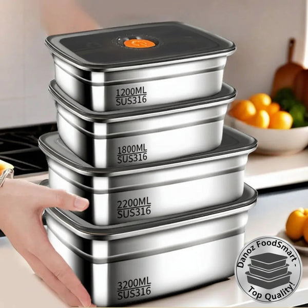 Set of stainless steel containers with measurement labels on a kitchen counter.