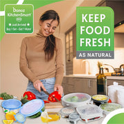 Woman in a kitchen preparing food with food storage containers, featuring text 'Keep Food Fresh as Natural'.