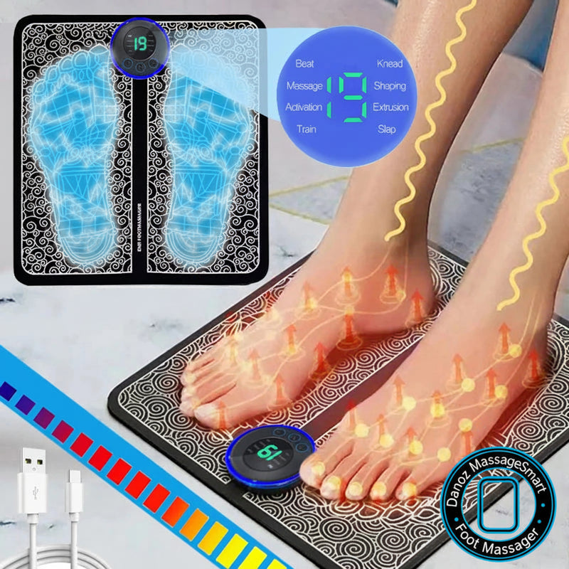 Foot massager mat with digital display and foot placement illustration on a marble floor.