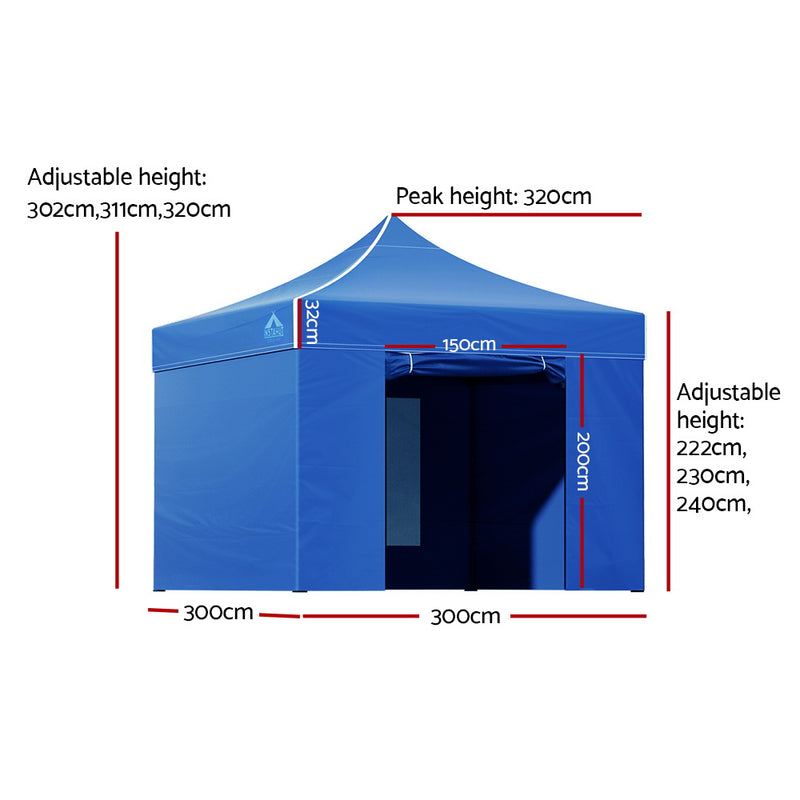 Danoz Camping ⛺ Instahut Gazebo 3x3 Pop Up Marquee Folding Tent Wedding Gazebos Camping Outdoor Shade Canopy Blue