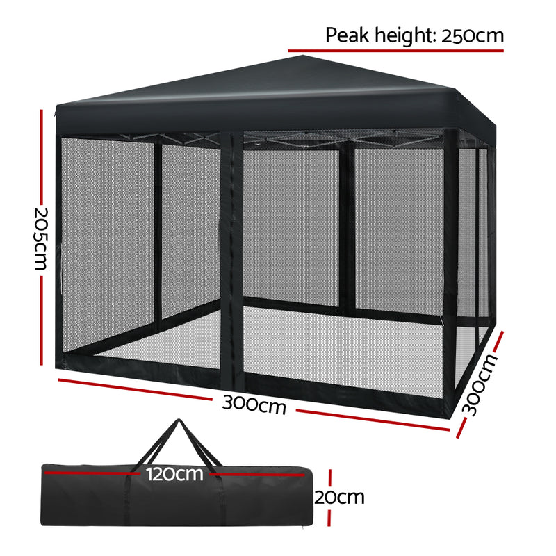 Danoz Outdoors - Instahut Gazebo Pop Up Marquee 3x3m Wedding Party Outdoor Camping Tent Canopy Shade Mesh Wall Black