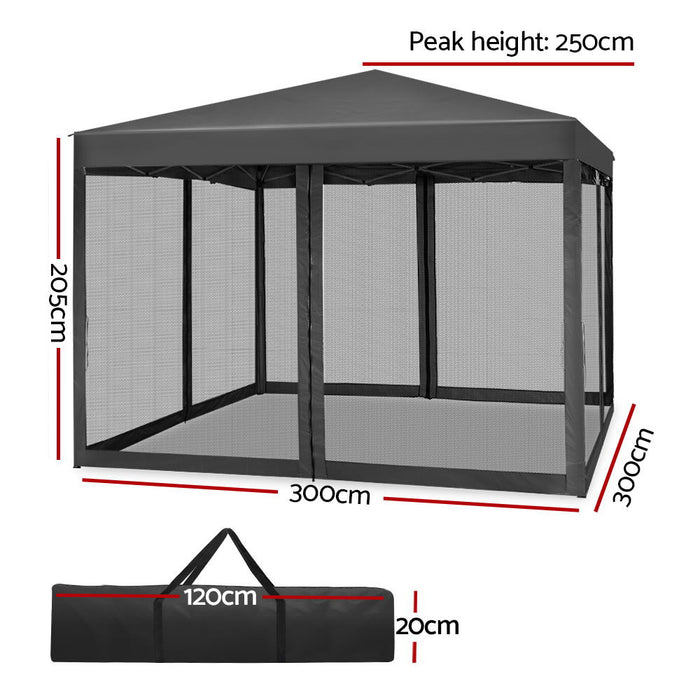 Danoz Outdoors - Instahut Gazebo Pop Up Marquee 3x3m Wedding Party Outdoor Camping Tent Canopy Shade Mesh Wall Grey