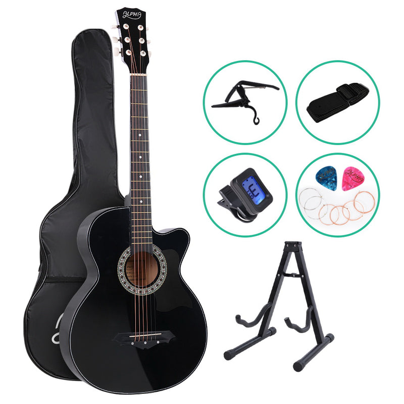 Danoz Direct - Alpha 38 Inch Acoustic Guitar Wooden Body Steel String Full Size w/ Stand Black