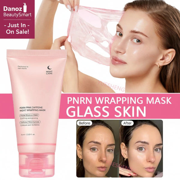 Pink wrapping mask with a woman applying it and before-and-after effects on her face.