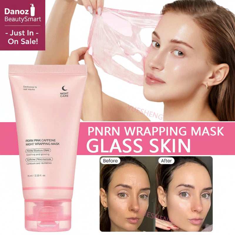 Pink wrapping mask with a woman applying it and before-and-after effects on her face.