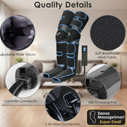 Quality details of a black and blue leg compression device with various components highlighted.