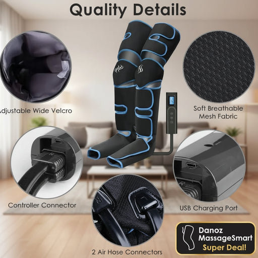 Quality details of a black and blue leg compression device with various components highlighted.