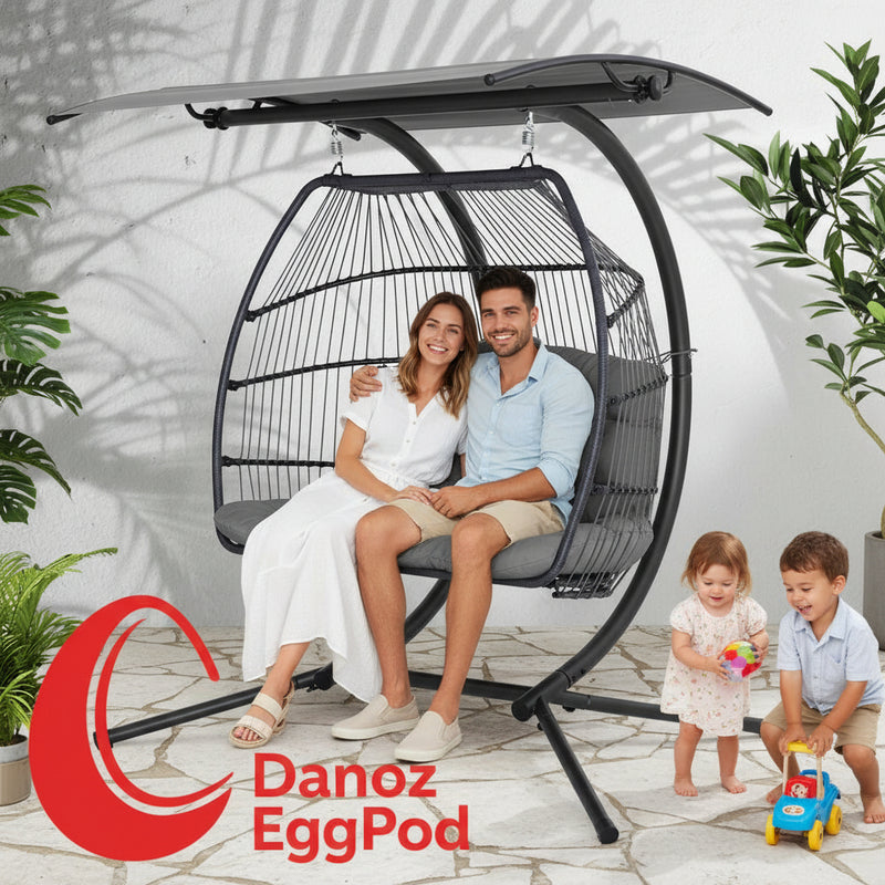 Danoz Gardeon Outdoor EggPod Swing Chair Wicker Furniture Pod Stand Canopy 2 Seater Grey