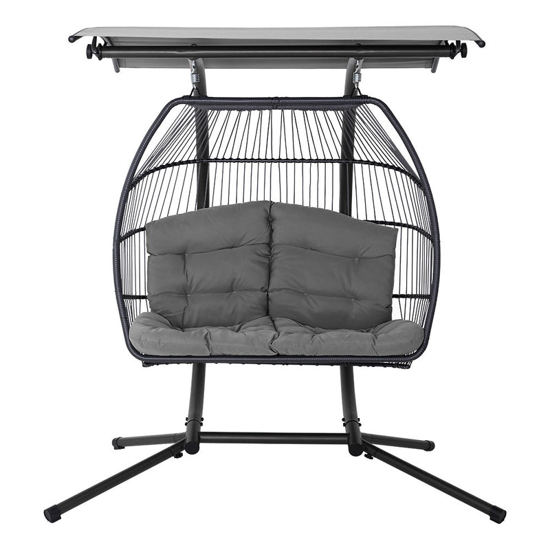 Danoz Gardeon Outdoor EggPod Swing Chair Wicker Furniture Pod Stand Canopy 2 Seater Grey