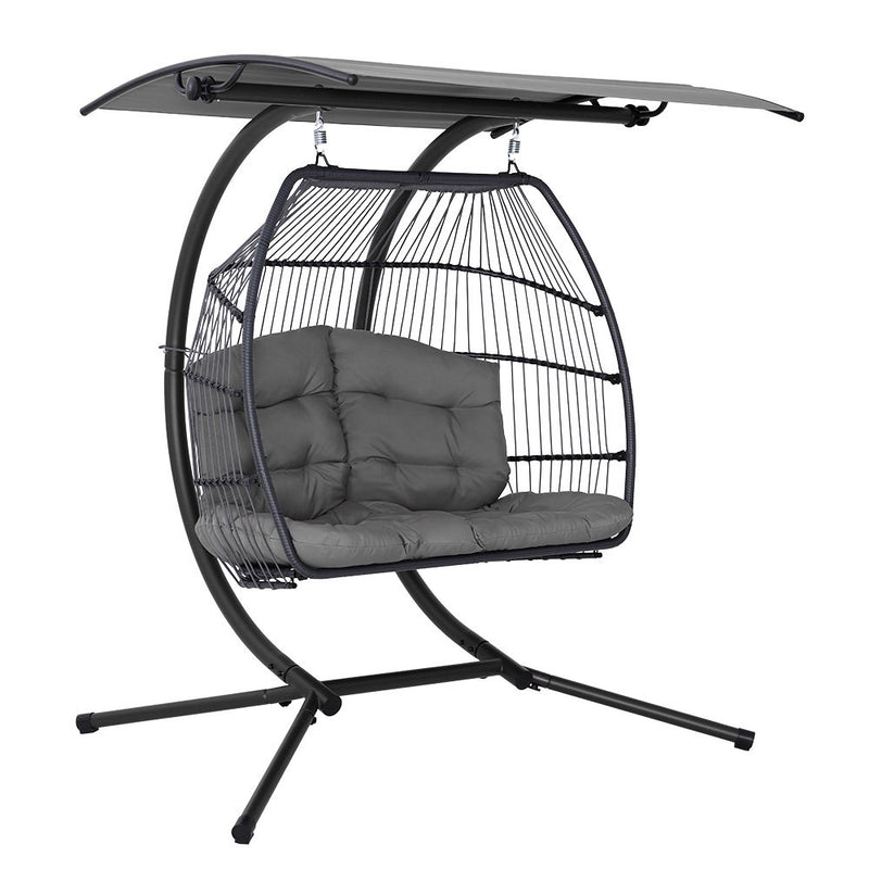 Danoz Gardeon Outdoor EggPod Swing Chair Wicker Furniture Pod Stand Canopy 2 Seater Grey