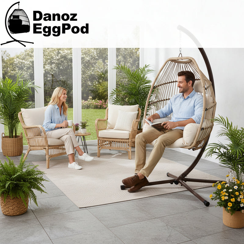 Danoz Outdoor EggPod Swing Chair Hanging Chair Wicker Rope Pod Stand Cushion Latte