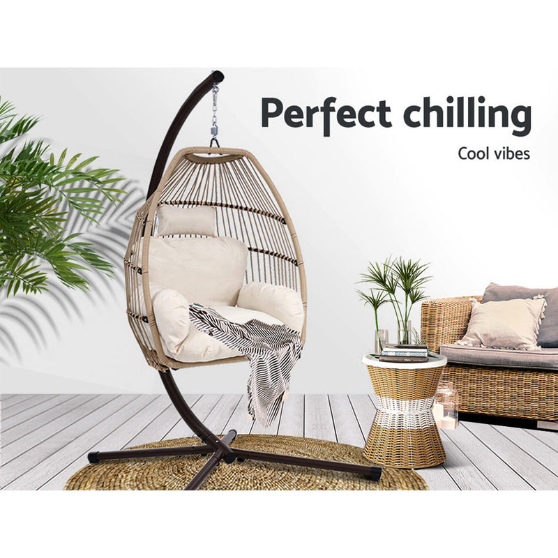 Danoz Outdoor EggPod Swing Chair Hanging Chair Wicker Rope Pod Stand Cushion Latte