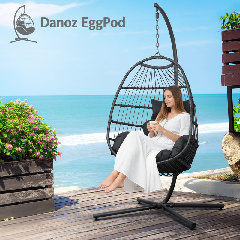Danoz Gardeon Outdoor Egg Swing Chair Hanging Chair Wicker Rope Pod Stand Foldable Grey