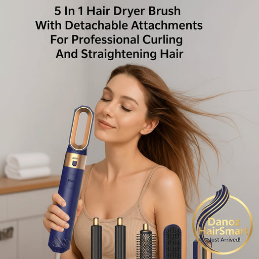 Woman holding a 5-in-1 hair dryer brush with detachable attachments, smiling with hair blowing in the wind.